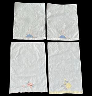 Vintage Hand Embroidered Table Dresser Mats Lot Of 4 White Cotton Linen Cottage